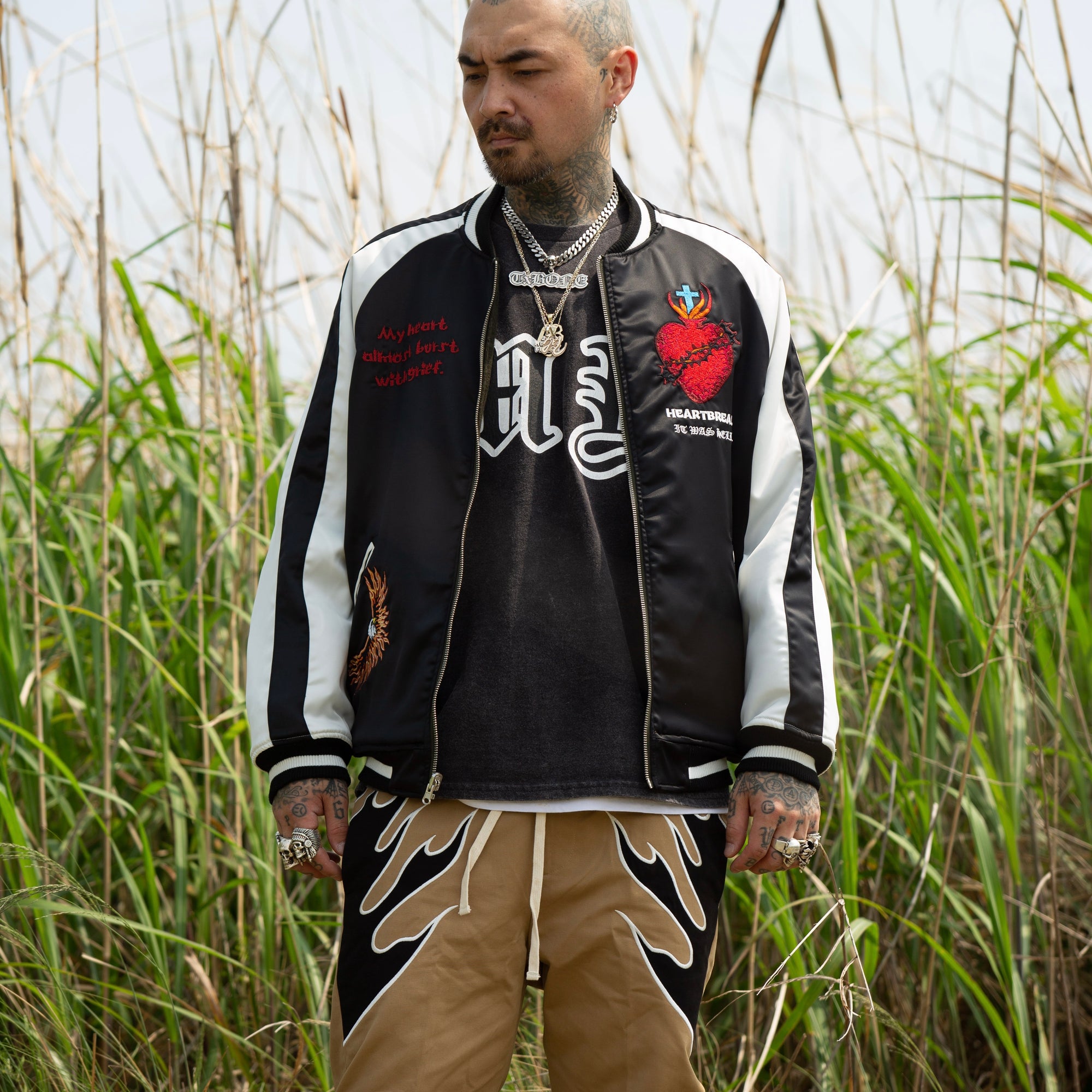 MAYO FIRE Embroidery Reversible Souvenir Jacket - OLIVE × BLACK