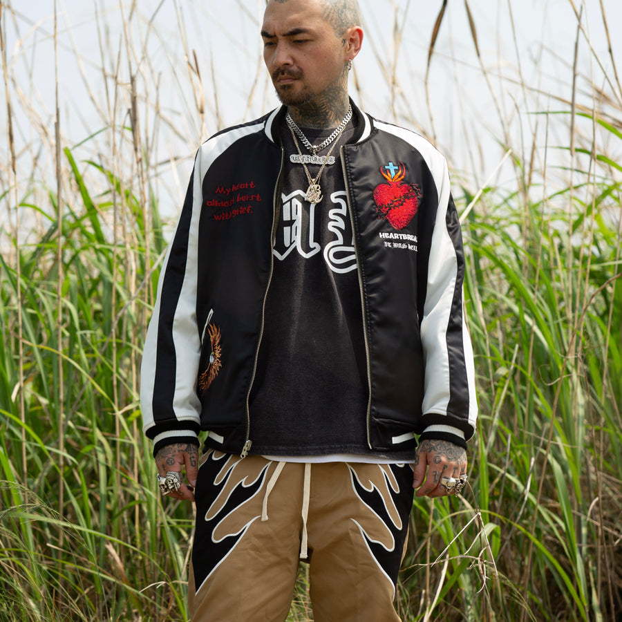 MAYO FIRE Embroidery Reversible Souvenir Jacket - OLIVE × BLACK