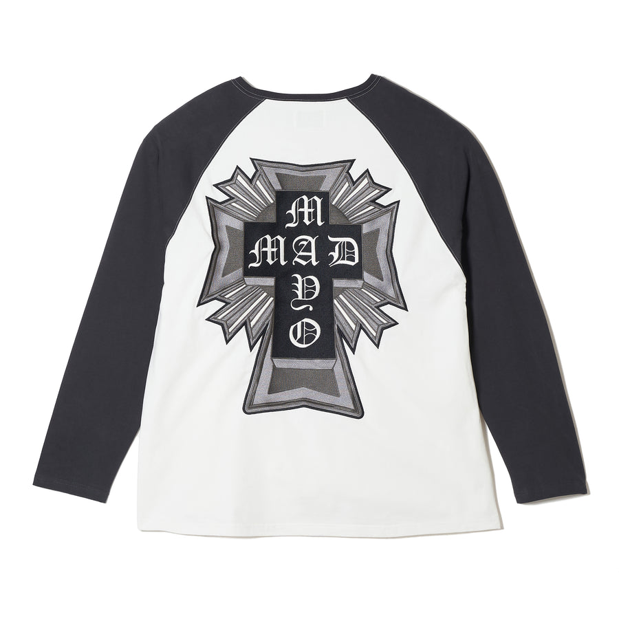 MAYO CROSS Embroidery Raglan Long Sleeve Tee - BLACK × WHITE