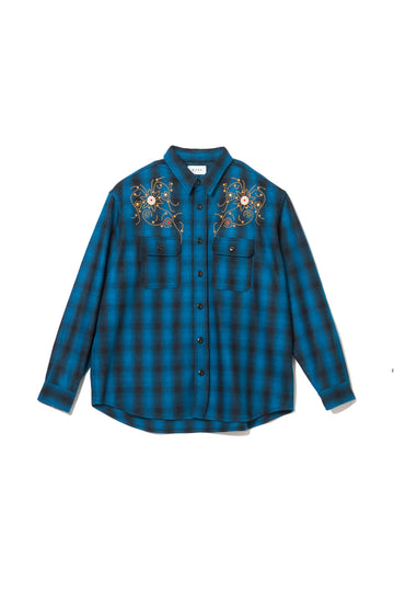 【WEB LIMITED】MAYO WOOL EMBROIDERY CHECK SHIRT JACKET - TURQUOISE BLUE