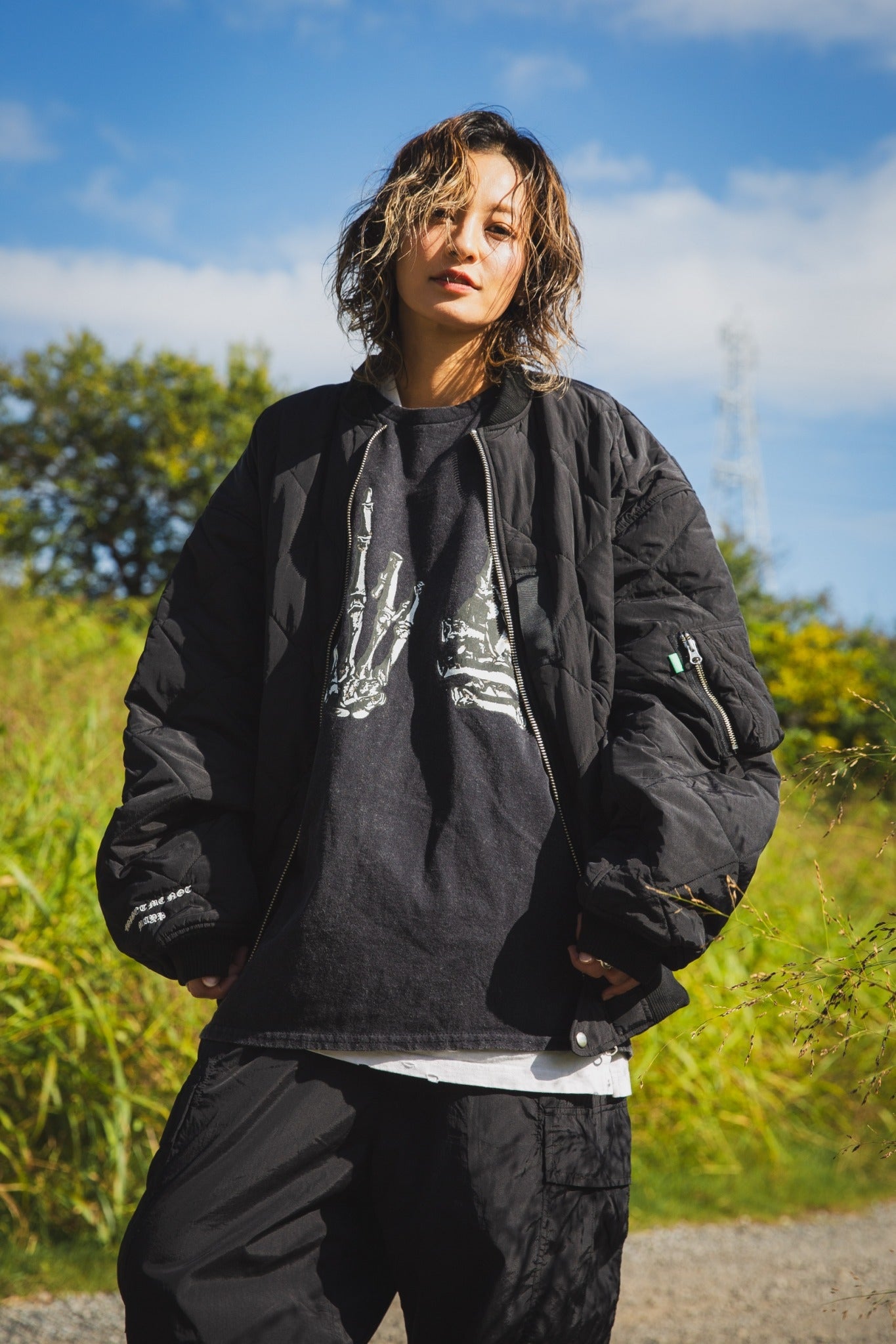 EAGLE  EMBROIDERY NYLON JKT - BLACK