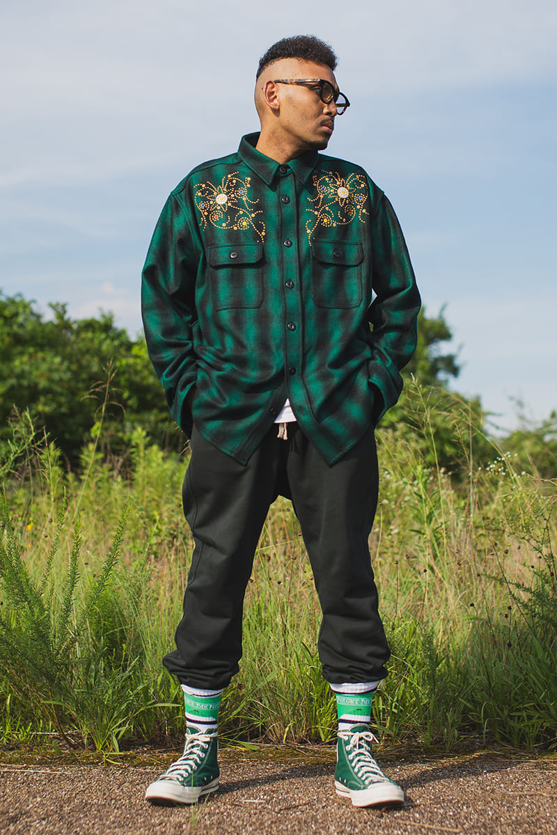 MAYO WOOL EMBROIDERY CHECK SHIRT JACKET - GREEN