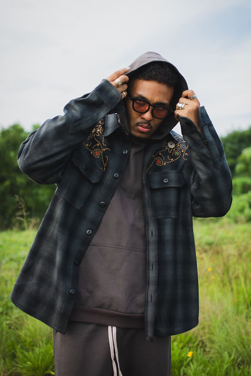 MAYO WOOL EMBROIDERY CHECK SHIRT JACKET - BLACK