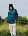 【WEB LIMITED】MAYO WOOL EMBROIDERY CHECK SHIRT JACKET - TURQUOISE BLUE