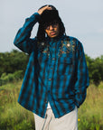 【WEB LIMITED】MAYO WOOL EMBROIDERY CHECK SHIRT JACKET - TURQUOISE BLUE