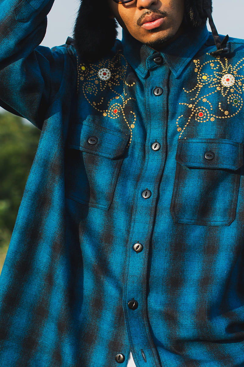 【WEB LIMITED】MAYO WOOL EMBROIDERY CHECK SHIRT JACKET - TURQUOISE BLUE