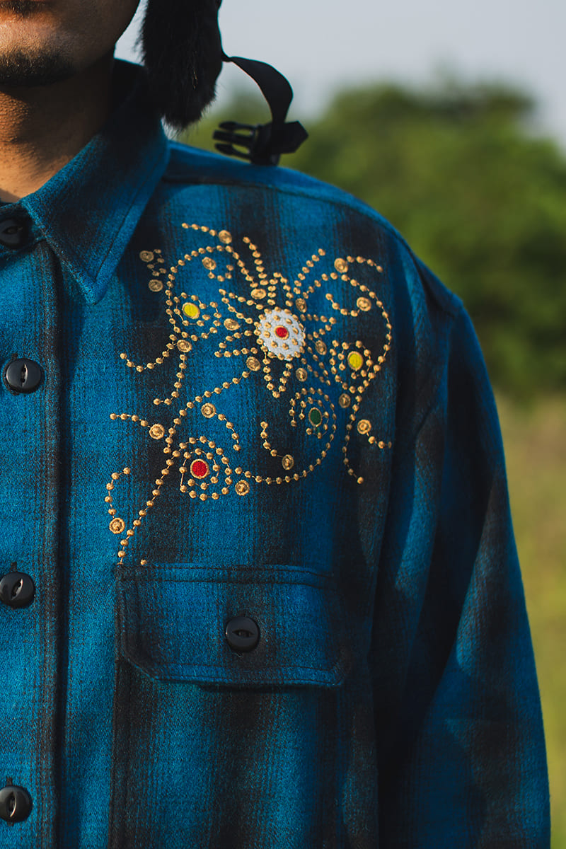 【WEB LIMITED】MAYO WOOL EMBROIDERY CHECK SHIRT JACKET - TURQUOISE BLUE