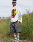 SKULL WEED EMBROIDERY & PRINT RHINE STONE LONG SLEEVE TEE