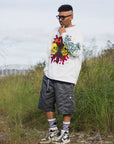SKULL WEED EMBROIDERY & PRINT RHINE STONE LONG SLEEVE TEE