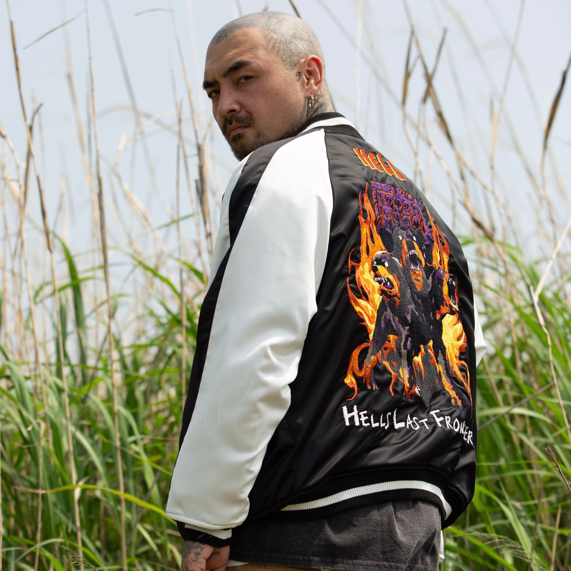 MAYO FIRE Embroidery Reversible Souvenir Jacket - OLIVE × BLACK