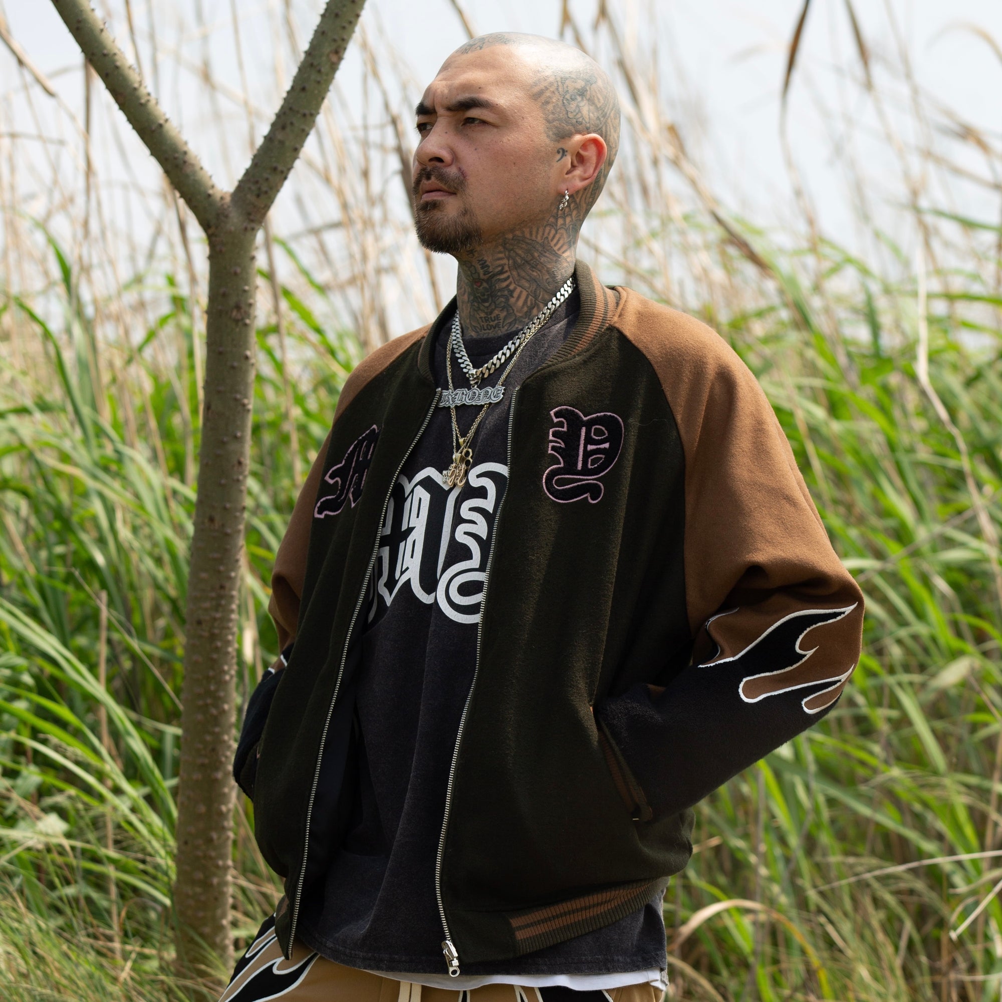 MAYO FIRE Embroidery Reversible Souvenir Jacket - OLIVE × BLACK