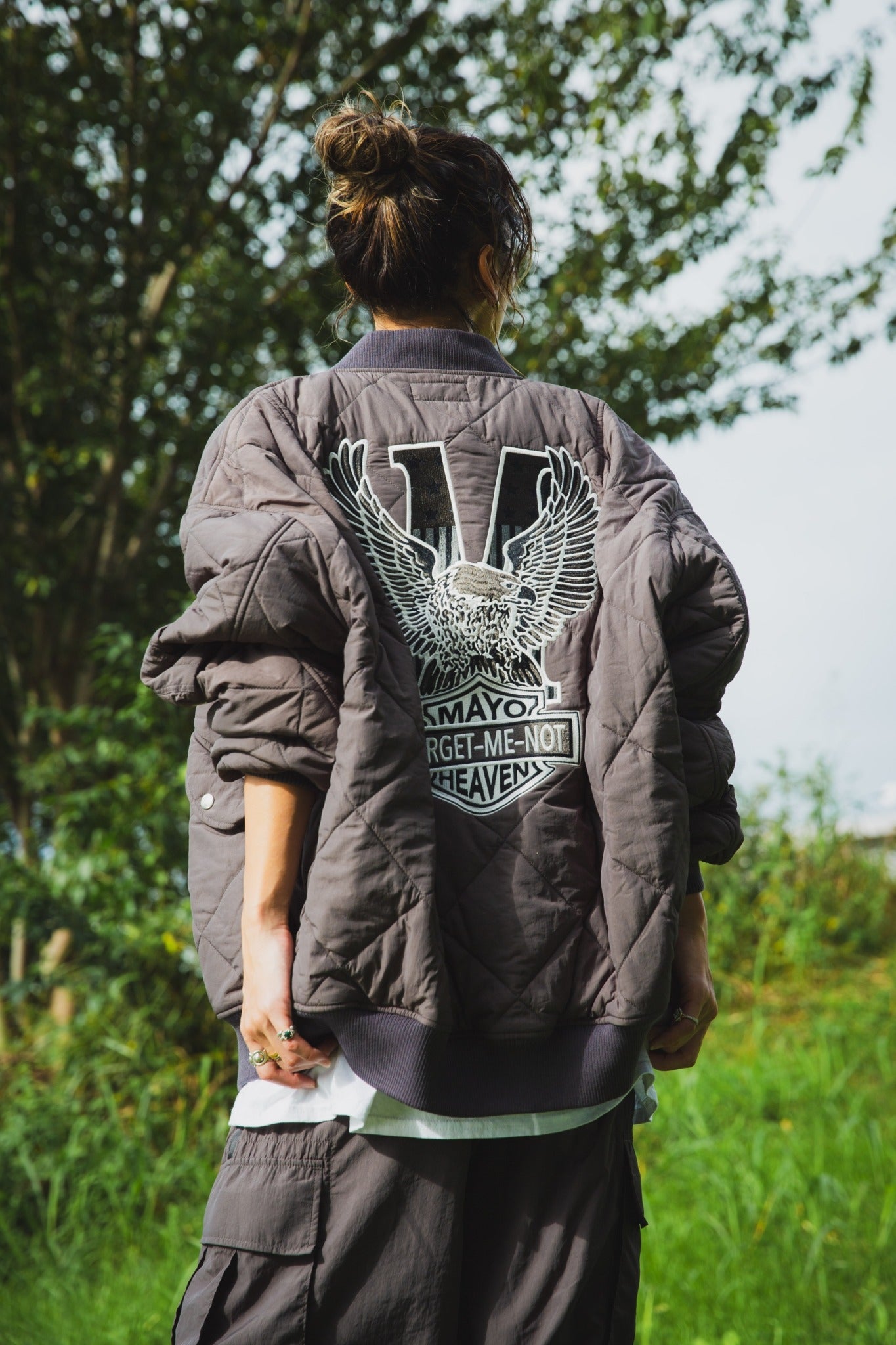 EAGLE  EMBROIDERY NYLON JKT -  CHARCOAL