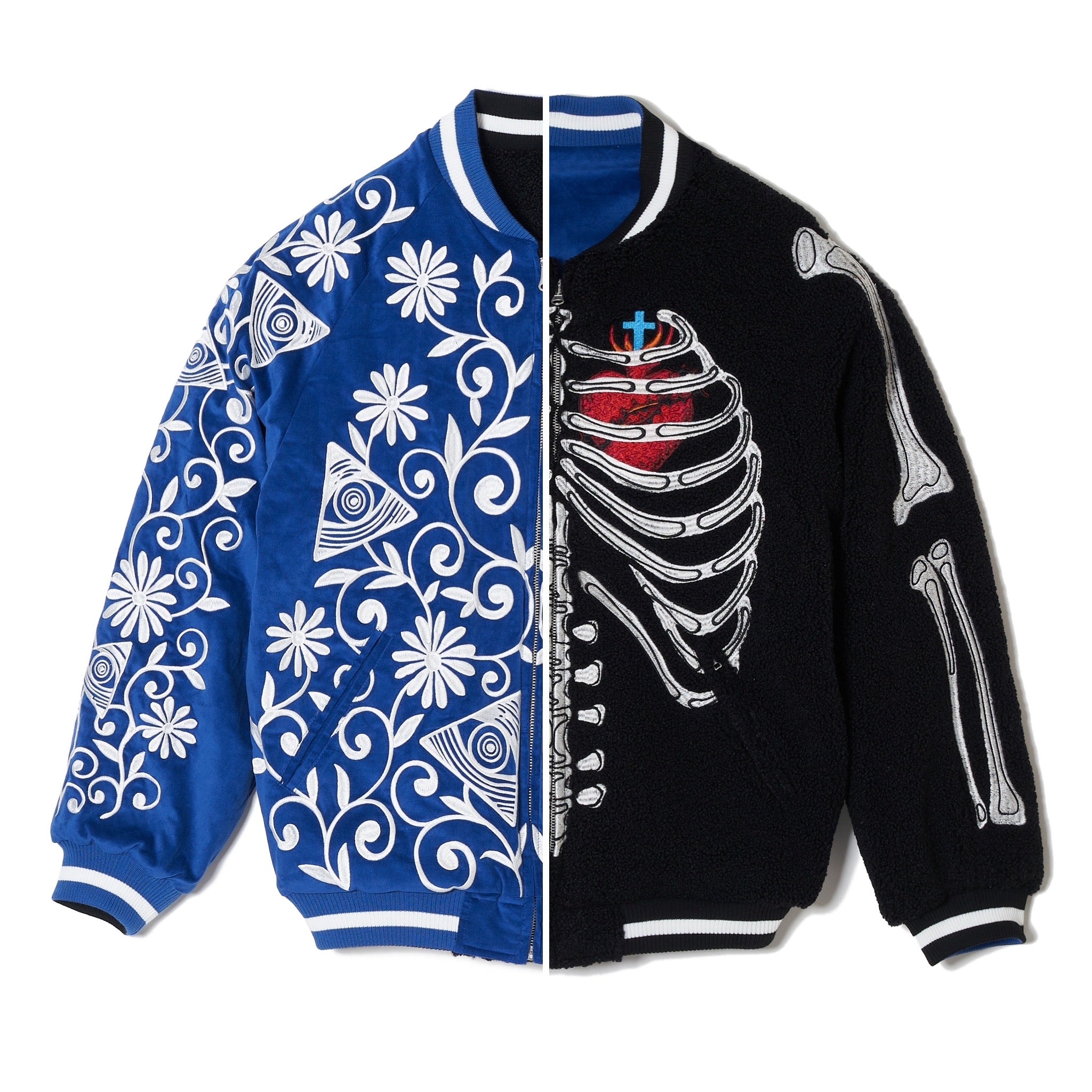 MAYO BONES Embroidery Reversible Bomber Jacket - BLACK × BLUE