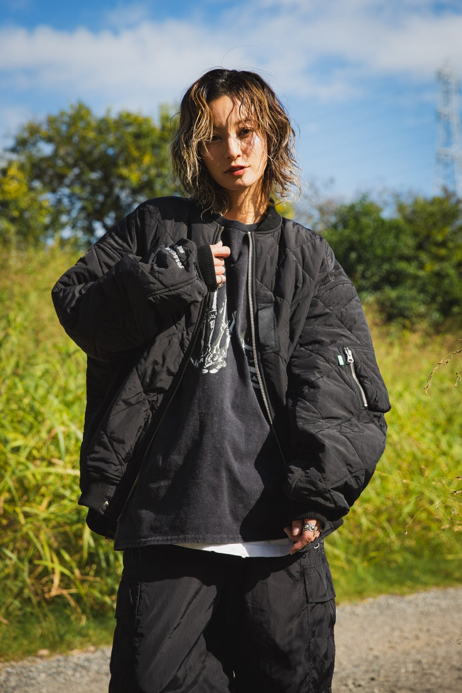 EAGLE  EMBROIDERY NYLON JKT - BLACK