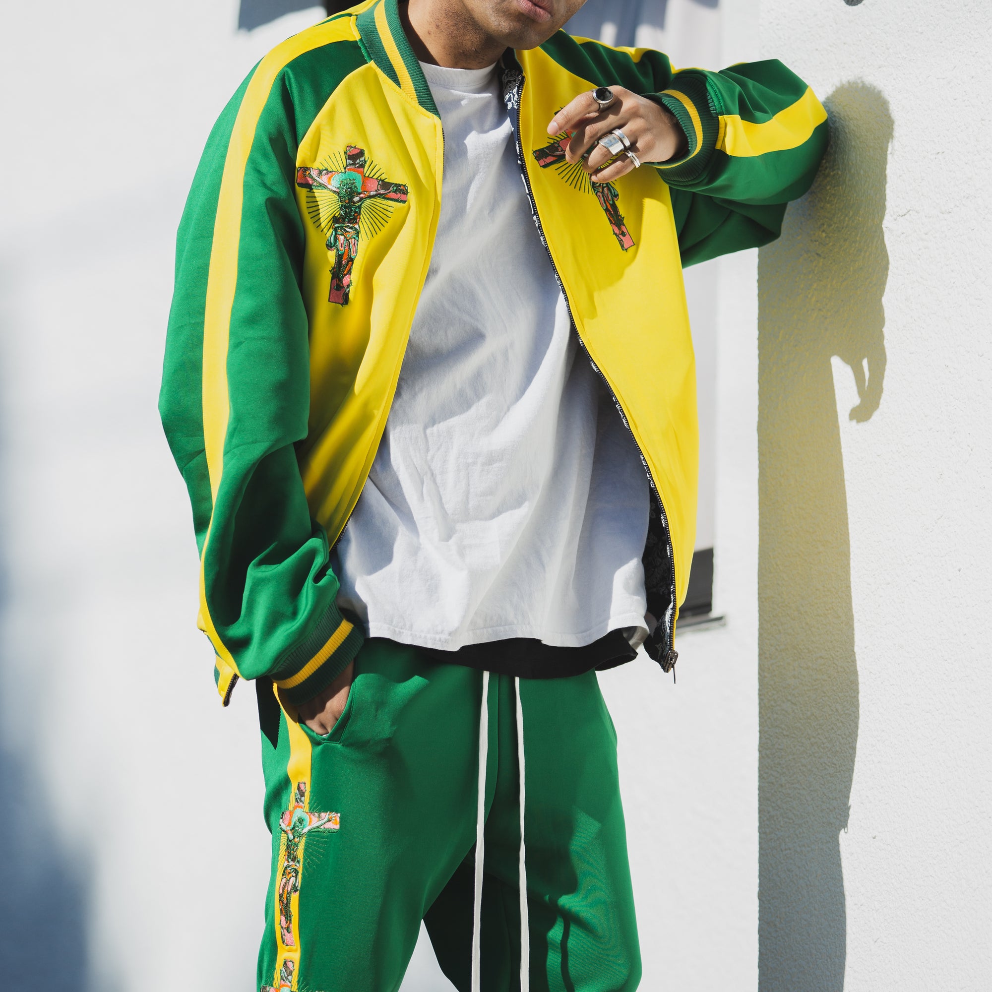 JESUS MAYO Paisley Embroidery Reversible Nylon Track Jacket - YELLOW×GREEN