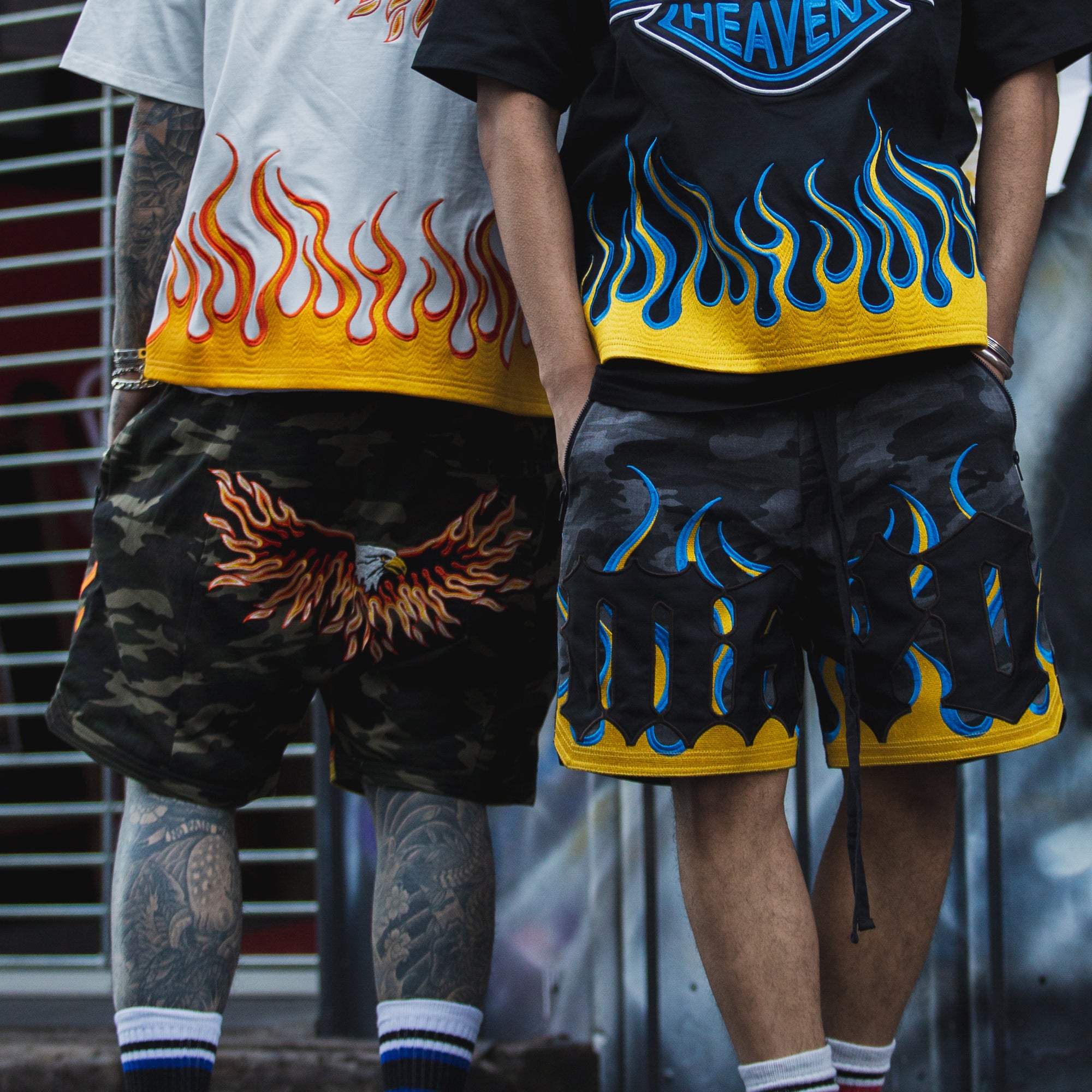 MAYO Fire Eagle Camo Embroidery Shorts - BLACK