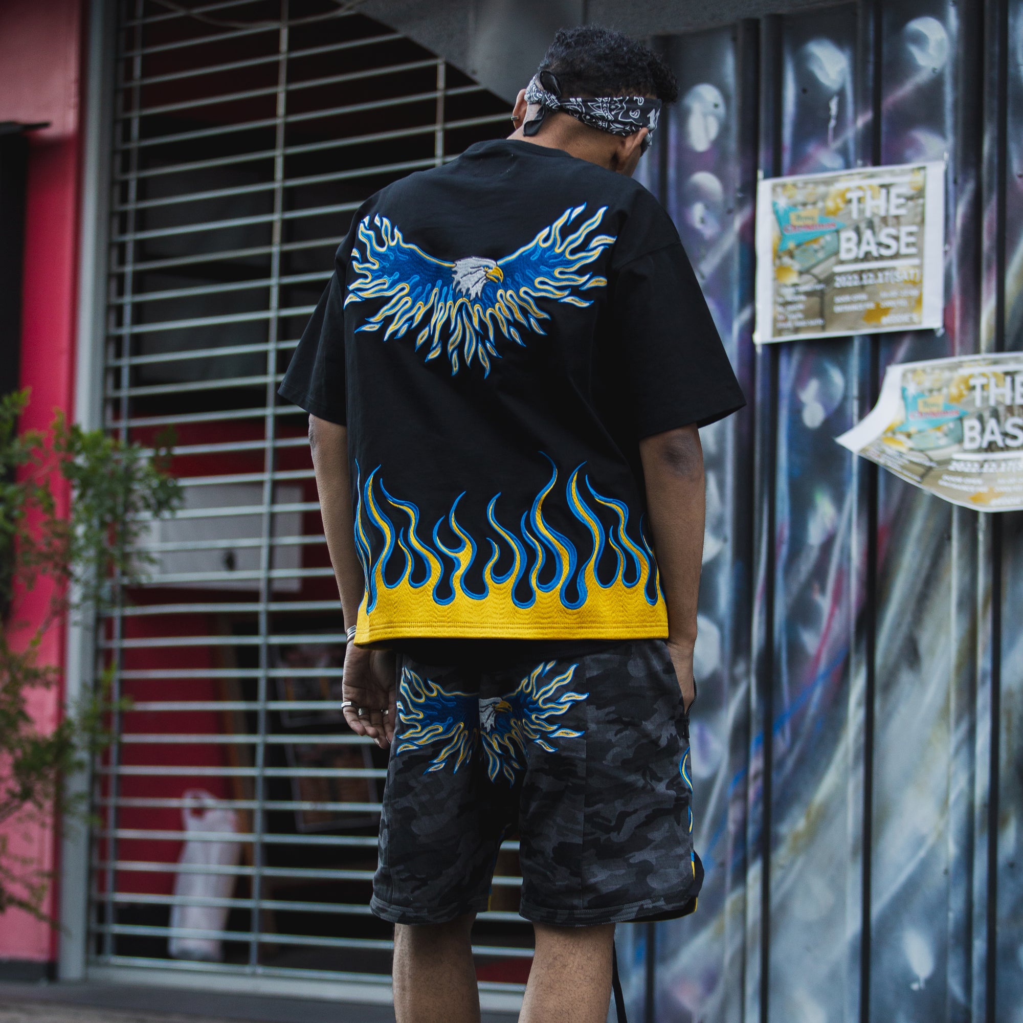 MAYO Fire Eagle Camo Embroidery Shorts - BLACK