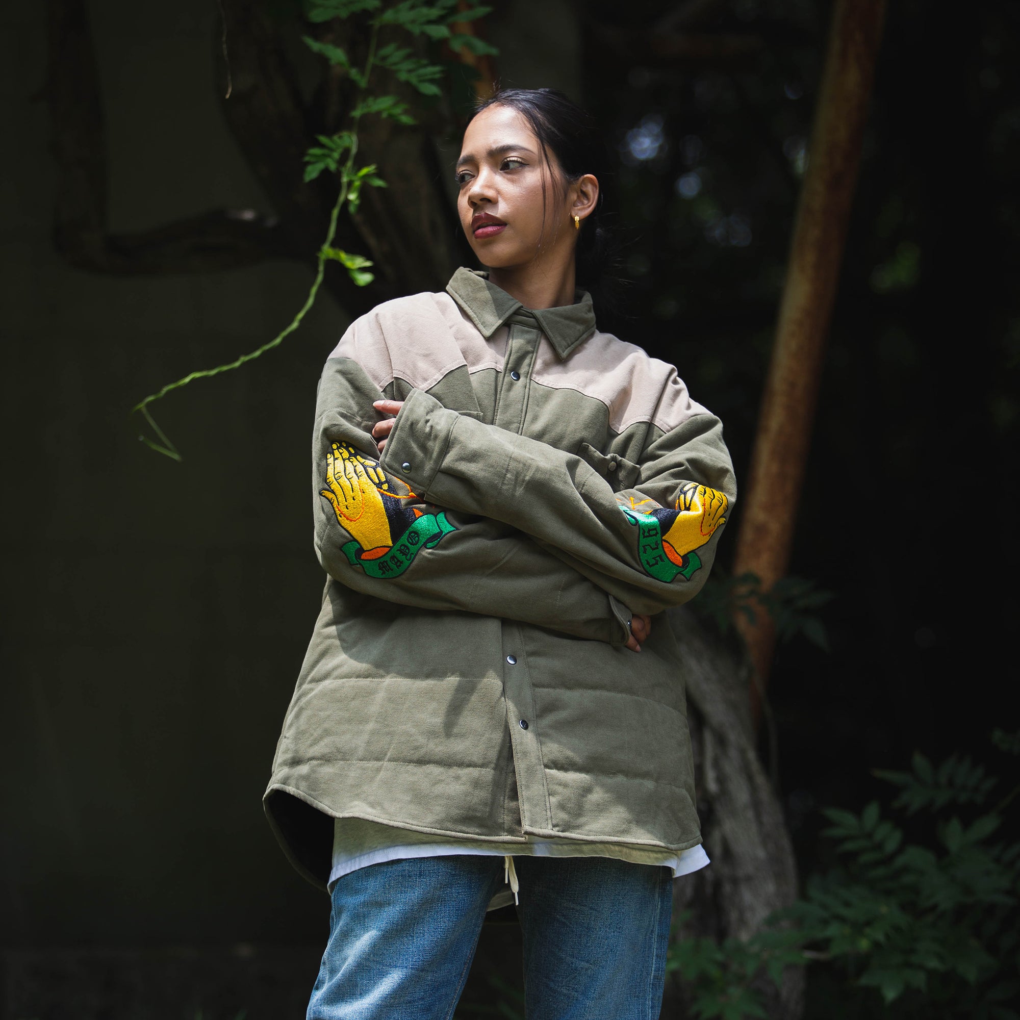 Embroidery Maria Shirt Jacket - OLIVE